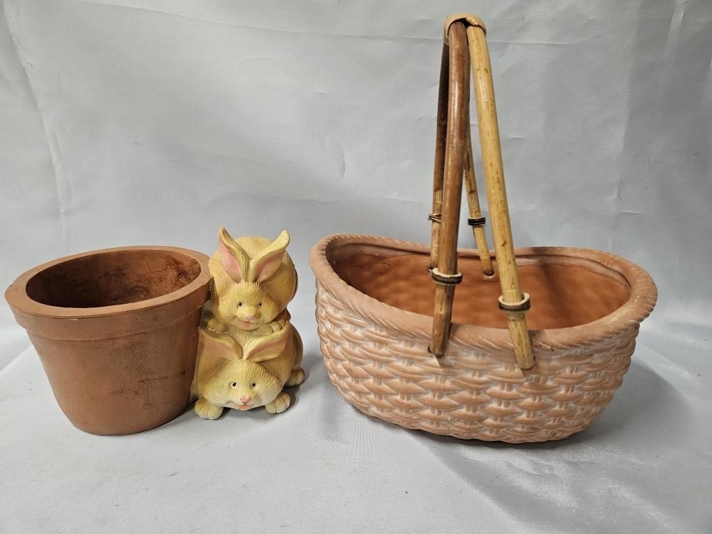 POTTERY BASKET PLANTER 8.5"X6.5" AND A BUNNY