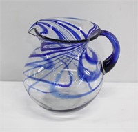 Blue Swirl Art Glass Water Pitcher 9"