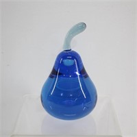 Blue Art Glass Pear Paperweight 4.5"