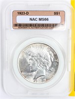 Coin 1923-D Peace Silver Dollar NAC MS66
