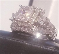 Princess Engagement Ring Double Band set Sterling