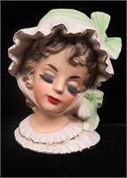 Lady Head Vase W/ Bonnet Closed eyes Black Lashes