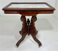 Victorian table, white marble top has walnut