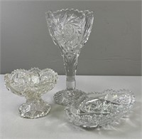 Artcut Dish; Pressed Glass Pinwheel & Hobstar Vase