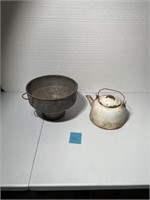 Vintage Rustic Bowl and Metal Tea Pot