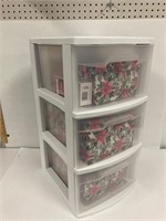 3 drawer poly organizer w Xmas supplies 24” tall