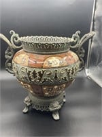 Brass bound pottery urn, new, imported 12" x 13" v