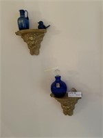 Plaster Cherub Wall Shelves and 4 pcs of glassware