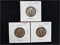 3 Barber Silver Quarters 1928, 1929, 1930