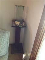 Wood plant stand, rocks and decor