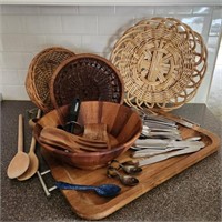 Wood Bowl, Basket, & Flatware Lot