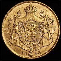1914 Belgium Gold 20 Francs - BU - 0.1867 oz AGW