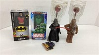 Robin and Hulk figures and 2 Star Wars spin pop