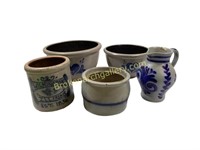 Five Pieces Cobalt Decorated Salt Glaze Pottery