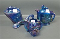 Three Piece Blue Carnival Glass Novelty Items