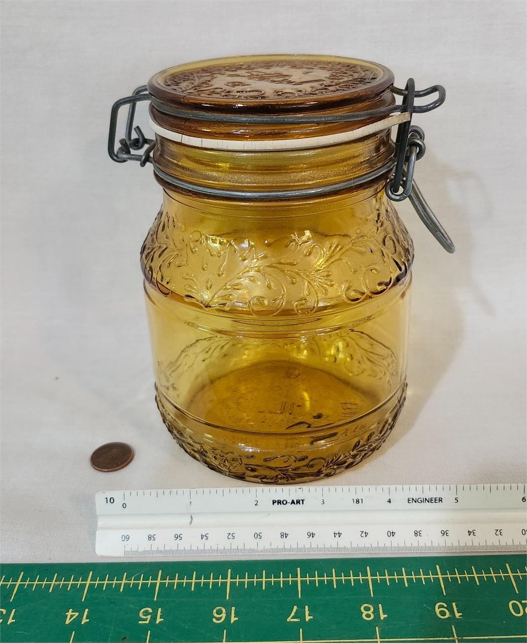 Vintage Floral Cove amber glass wire bale jar