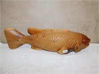 CRAVED WOODEN FISH(28.5" L X 9" H), WOOD IS