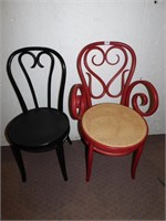 2 BENT WOOD CHAIRS, ONE WITH ARMS, CANE IS GOOD;