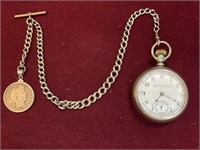 Elgin Silver Plated Pocket Watch With Silver Chain
