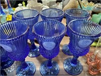 6 blue fostoria stem glass goblets