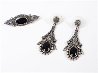 Onyx/925/Marcasite Earrings w/925/Marcasite Pin