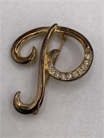 SIGNED TC "P" RHINESTONE BROOCH