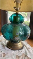Hand-painted greenish blue glass lamp 28in tall