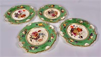 4 Old Paris plates, green border with fruit and