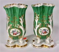 Pr. Old Paris spill vases, green & gold with