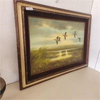 Framed Flying Ducks Painting on Canvas by E. Max