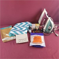 Misc Box Lot - Irons, Table cloth  essential