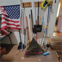 Group of Brooms, dustpan, rake, mop, dusters, rake