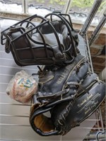 CATCHERS MASK, GOLVE AND SIGNED PELICAN BALL