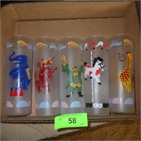 5 VINTAGE FROSTED CIRCUS TUMBLERS