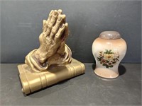 Praying Hands Display and Brown Floral Urn