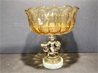 Vintage Amber Glass Compote Bowl with Cherub