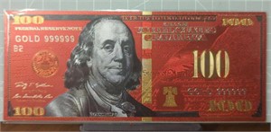 24k gold-plated red $100 bank note