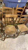 4 antique side chairs, three with woven rush