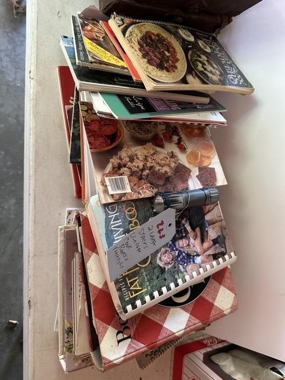 2 large stacks vintage cook books, flashlight