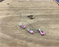 Sterling Large Pink Stone Necklace/Earrings + One