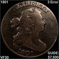 1801 3 Error Draped Bust Cent LIGHTLY CIRCULATED