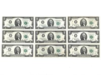 9 US 2 Dollar Bills - Most are 1976