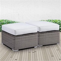 Gray Wicker Outdoor Double Ottoman with Cushions