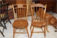 2 Antique Spindle Back Plank Bottom Chairs One