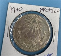 Mexican silver coin:  1940 1 peso