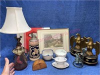 Lot: Candlestick lamp-oil lamp-eagle bookends-etc.