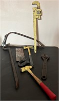 Large Pipe Wrench, Hand Saw, Crowbar, Hammers