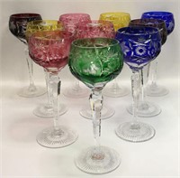 Set Of 10 Colored Cut To Clear Wine Glasses