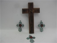 15" Tall Wood Cross W/Three Iron Crosses