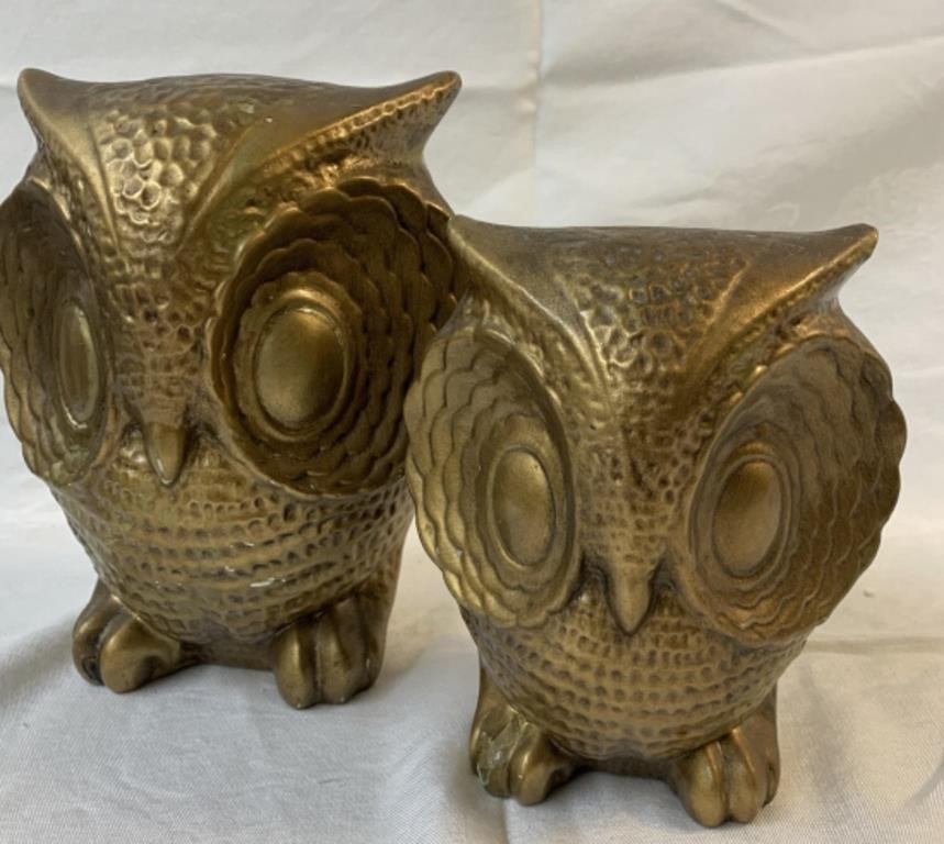 MCM Gold Owl matching statue figure lot of 2
